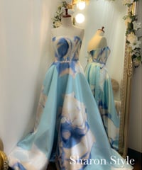 ツイルプリント Hight &Lowドレス　ホワイト×スカイブルー　Lサイズ 追記あり