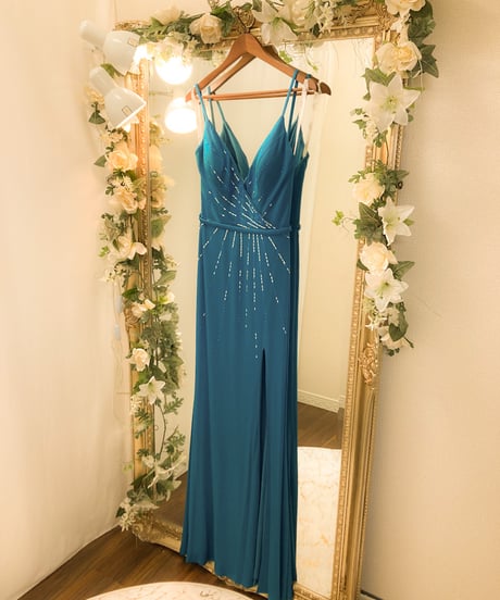 TERANI COUTURE　ストラップデザイン シンプル スレンダードレス　ティールグリーン　Mサイズ