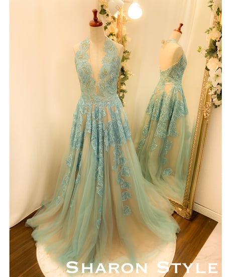 青い花柄ドレス ビーズ装飾 リボン付き Lace Ladies パーティードレス 花柄レース ビスチェ 後ろリボン