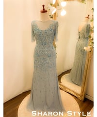 ハーフスリーブ クラシカルドレス　グレイッシュブルー