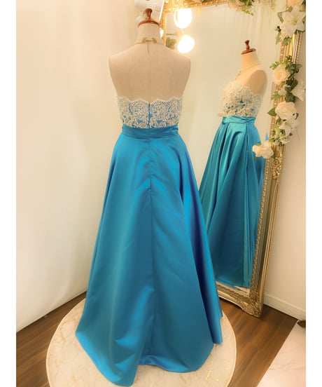 レース×サテンベアトップドレス　ターコイズブルー　Lサイズ