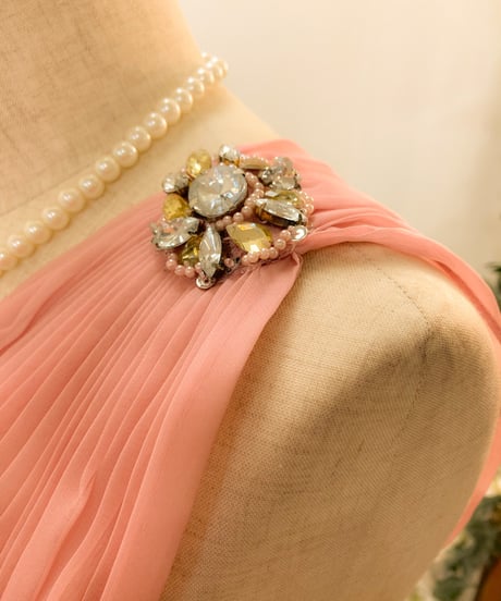 ラッセルレース×シフォン ワンショルダードレス　スモーキーピンク　Mサイズ