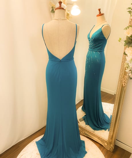 TERANI COUTURE　ストラップデザイン シンプル スレンダードレス　ティールグリーン　Mサイズ