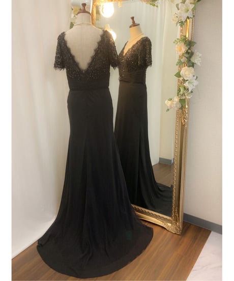 レース×スパンコール ショートスリーブドレス　ブラック　Lサイズ