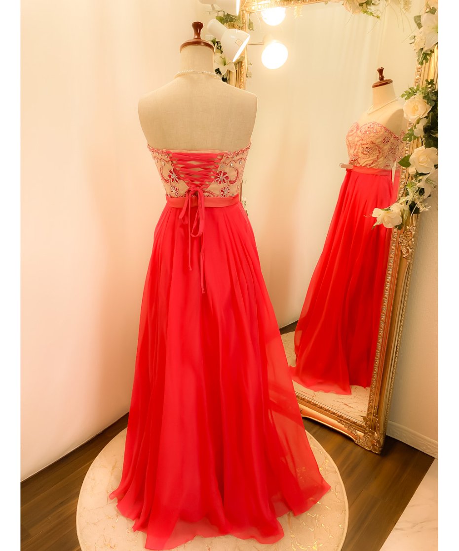 バイカラーデザイン ベアトップ編み上げドレス ホットピンク Mサイズ