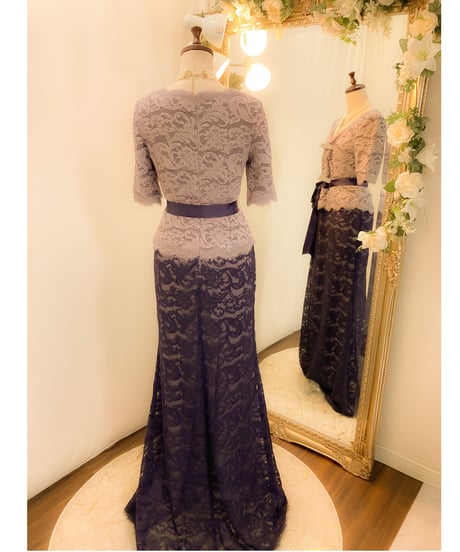 レース×リボン ハーフスリーブドレス　ラベンダー×パープル　ML,L-XLサイズ