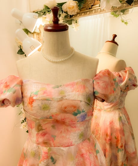 2wayスリーブ クラシカル Aラインドレス　ピンクフラワー