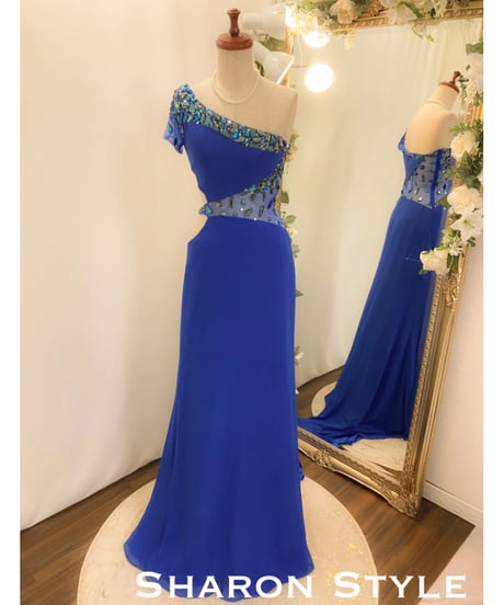 ワンショルダースリーブ シフォンドレス　ロイヤルブルー