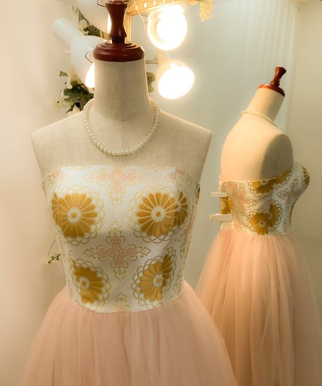 ベアトップ着物ドレス 　桜ピンク