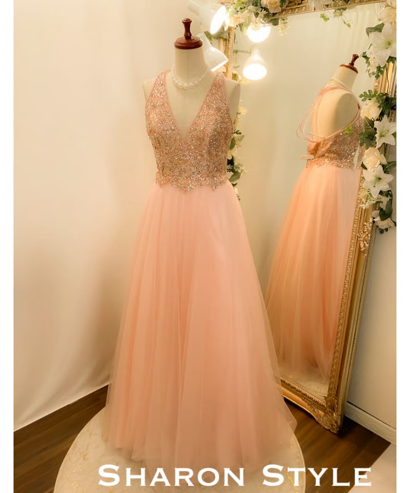 ホルターデザイン ラインストーン ビーディングドレス ベビーピンク