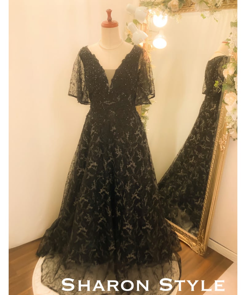 Lara フレアハーフスリーブ ボールガウンドレス ブラック