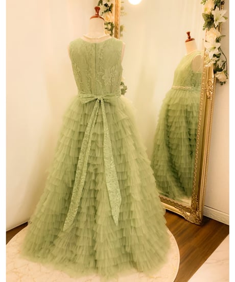 ＊KIDS＊ チュールティアード レース スリーブレスドレス　ライトグリーン