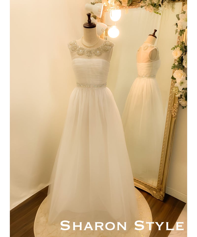 ネックレスビジュー スリーブレスドレス ホワイト | Sharon Style