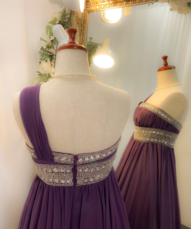 ワンショルダー ラインビジューエレガントドレス (サイズあり  