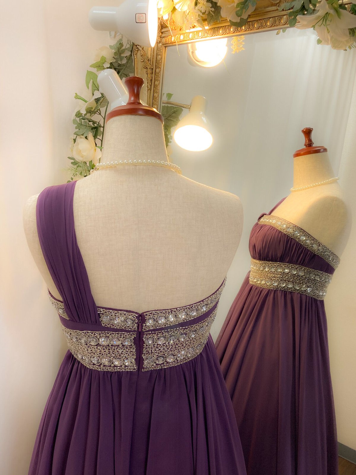 ワンショルダー ラインビジューエレガントドレス (サイズあり  