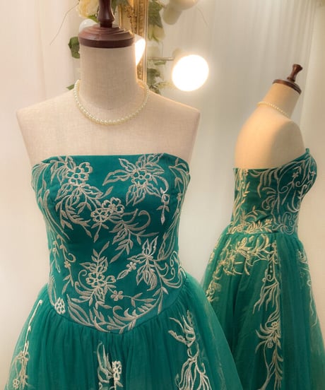 花柄刺繍 ボリュームロングドレス　エメラルドグリーン　Mサイズ