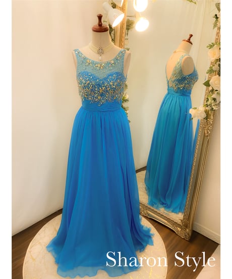 チュール×ビジュー ボートネックドレス　オーシャンブルー