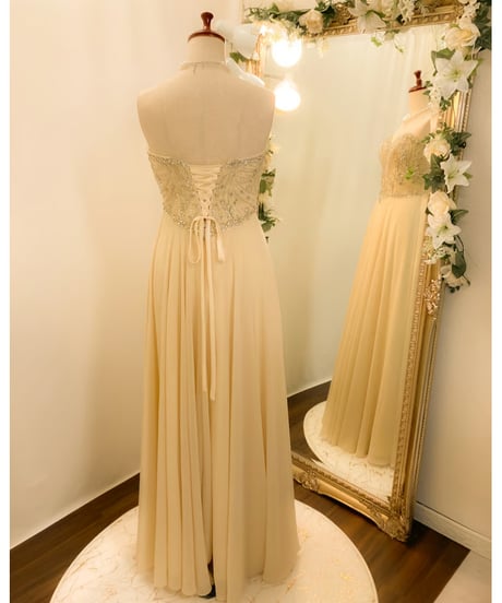 デザインビジュー レースアップ シフォンドレス　シャンパン　L,XLサイズ