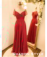 レーススリーブ シフォン エレガントドレス　ラズベリーレッド