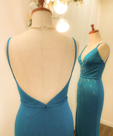 TERANI COUTURE　ストラップデザイン シンプル スレンダードレス　ティールグリーン　Mサイズ