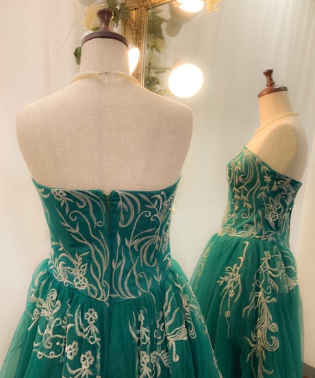 花柄刺繍 ボリュームロングドレス　エメラルドグリーン　Mサイズ
