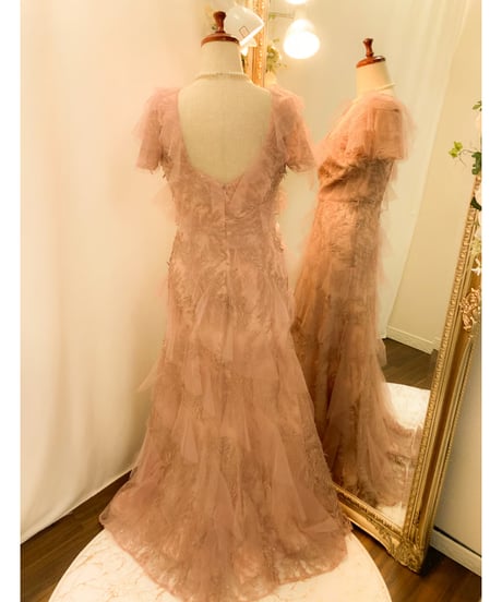 Badgley Mischka ハーフスリーブ チュールティアードドレス　ローズピンク