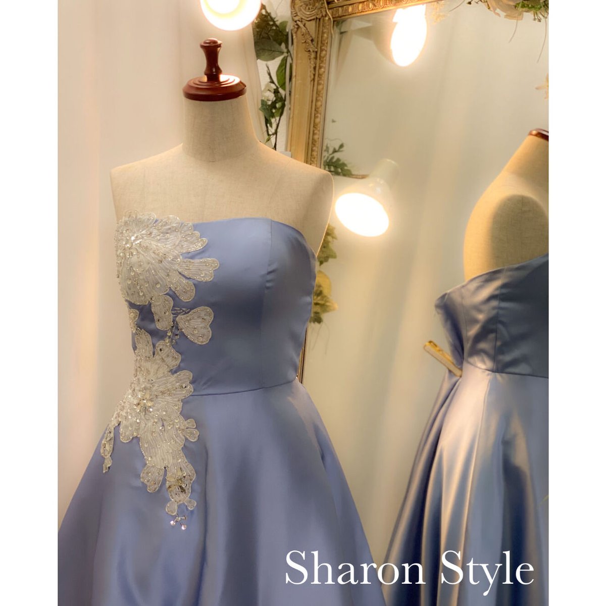 ◆Donna Karan プリントボウ ストラップレスガウン 花柄刺繍 ボリュームロングドレス グレイッシュラベンダー