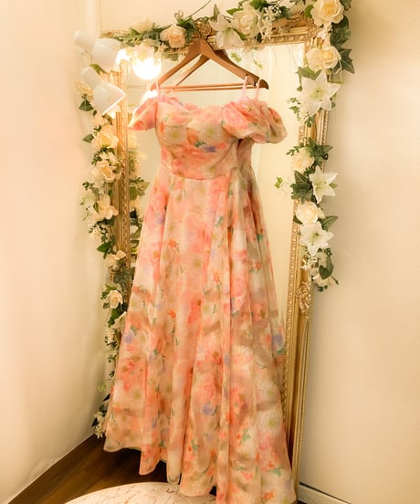 2wayスリーブ クラシカル Aラインドレス　ピンクフラワー