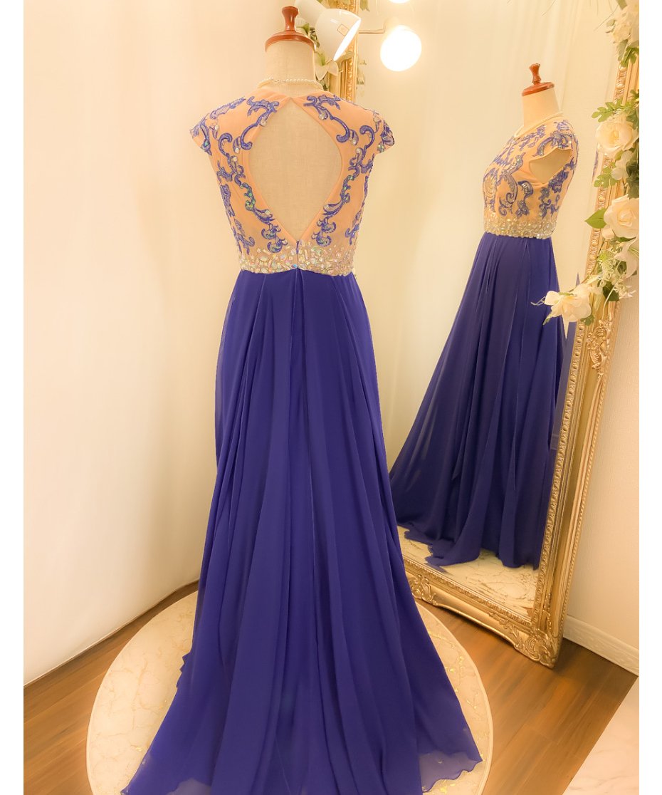 バロック風刺繍フレンチスリーブドレス ロイヤルブルー S-Mサイズ 