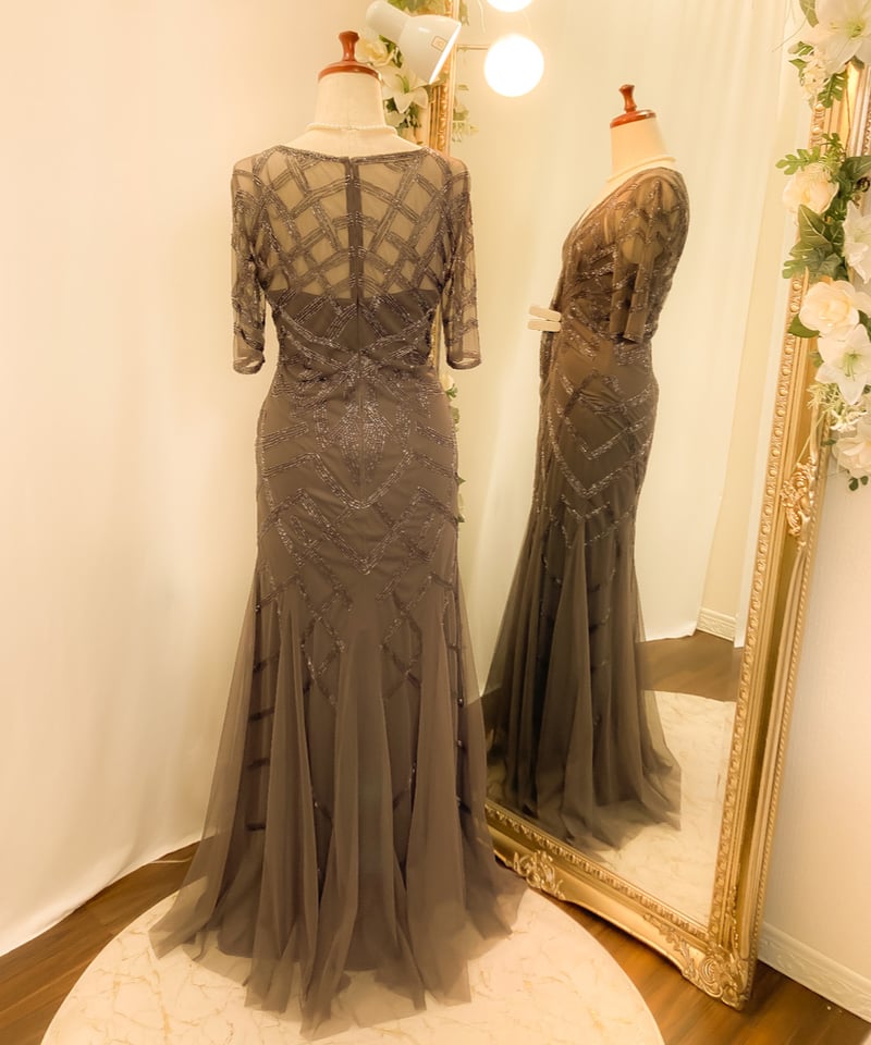 Badgley Mischka☆ビジュー深Vネック ロングドレス ビジュー刺繍 Vネックスリーブドレス ダークミンク | Sharon