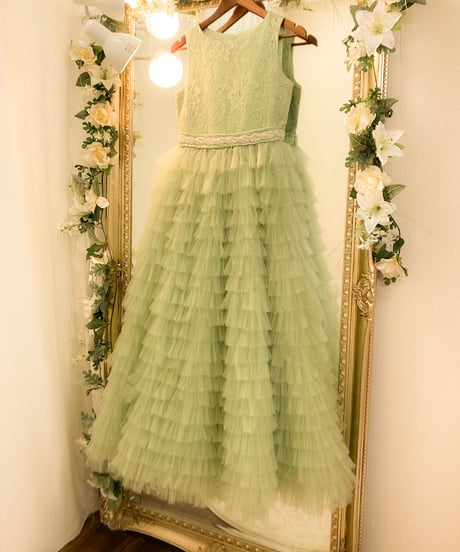 ＊KIDS＊ チュールティアード レース スリーブレスドレス　ライトグリーン