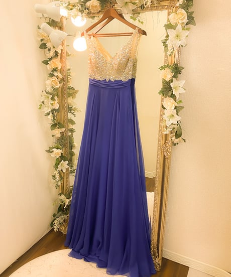 ビジューVネック シフォンドレス　ロイヤルブルー　S-Mサイズ