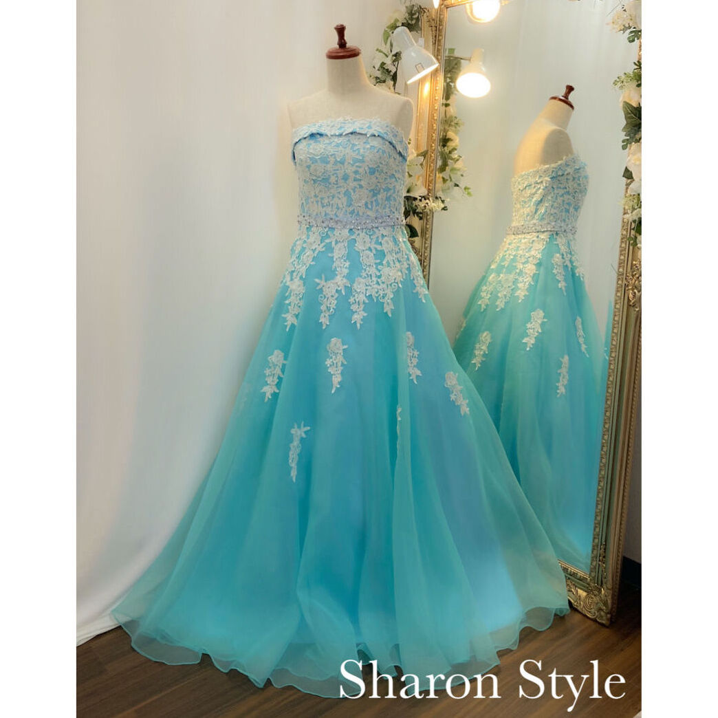 刺繍レース オーガンジードレス アクアブルー | Sharon Style