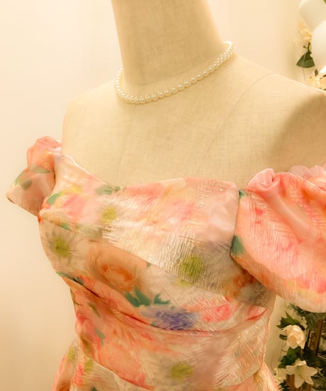 2wayスリーブ クラシカル Aラインドレス　ピンクフラワー