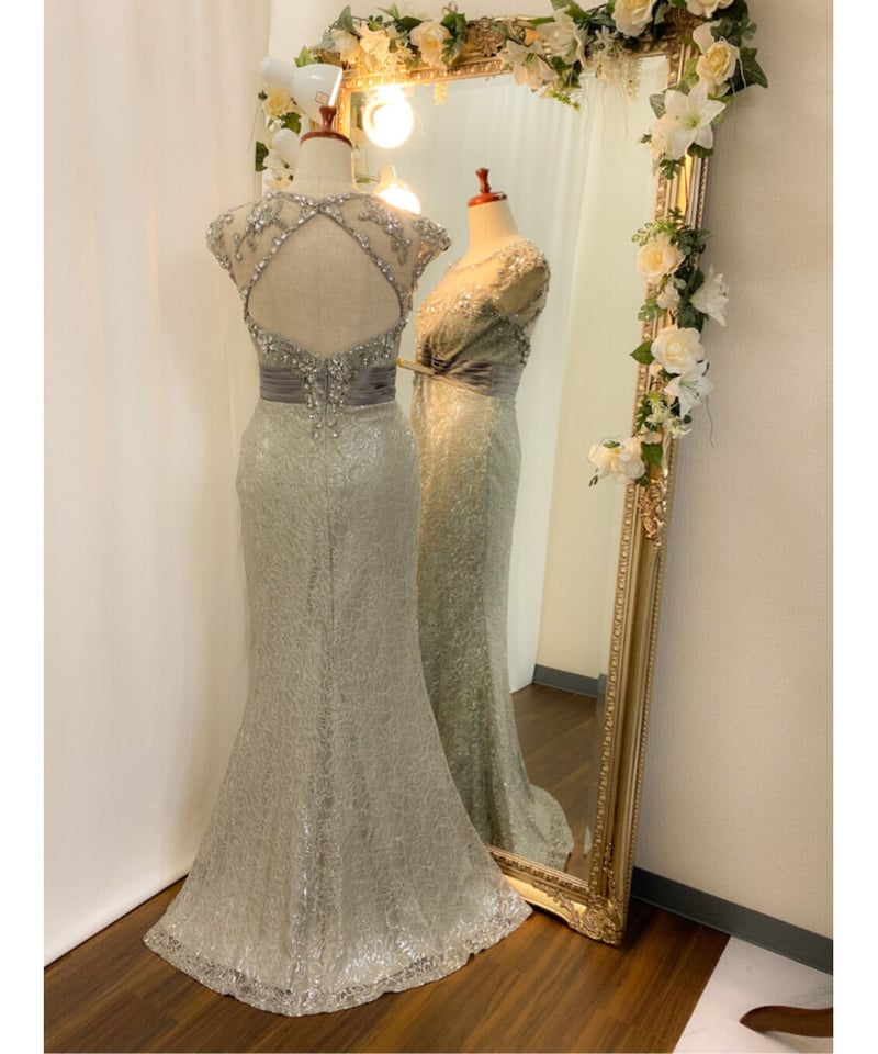 レースマーメイドドレス　9 　ブラック　フレンチスリーブ シアースリーブマーメイドドレス(ブラック)K1-443BL-M