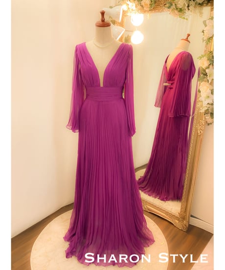 ロングスリーブプリーツドレス　フューシャパープル