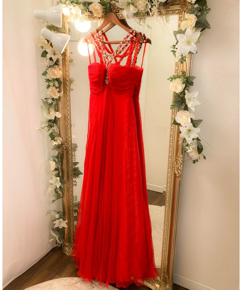 ビーディングストラップ エンパイア シフォンドレス レッド Sサイズ