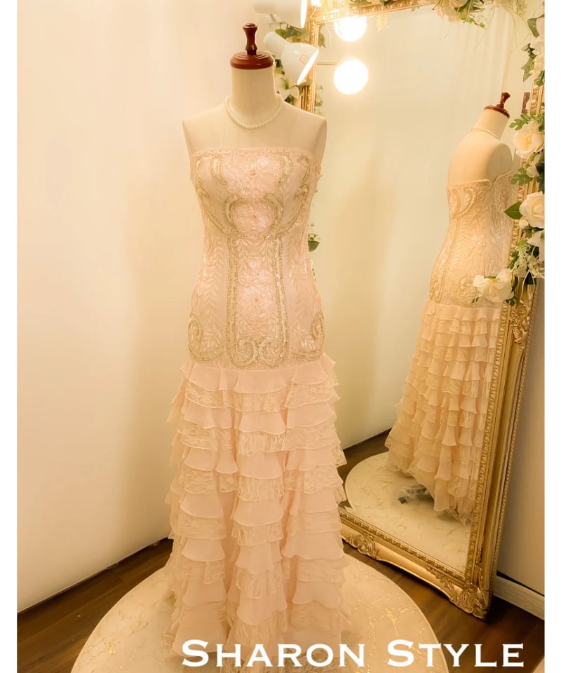 SUE WONG コード刺繍ティアードドレス ベビーピンク S-Mサイズ