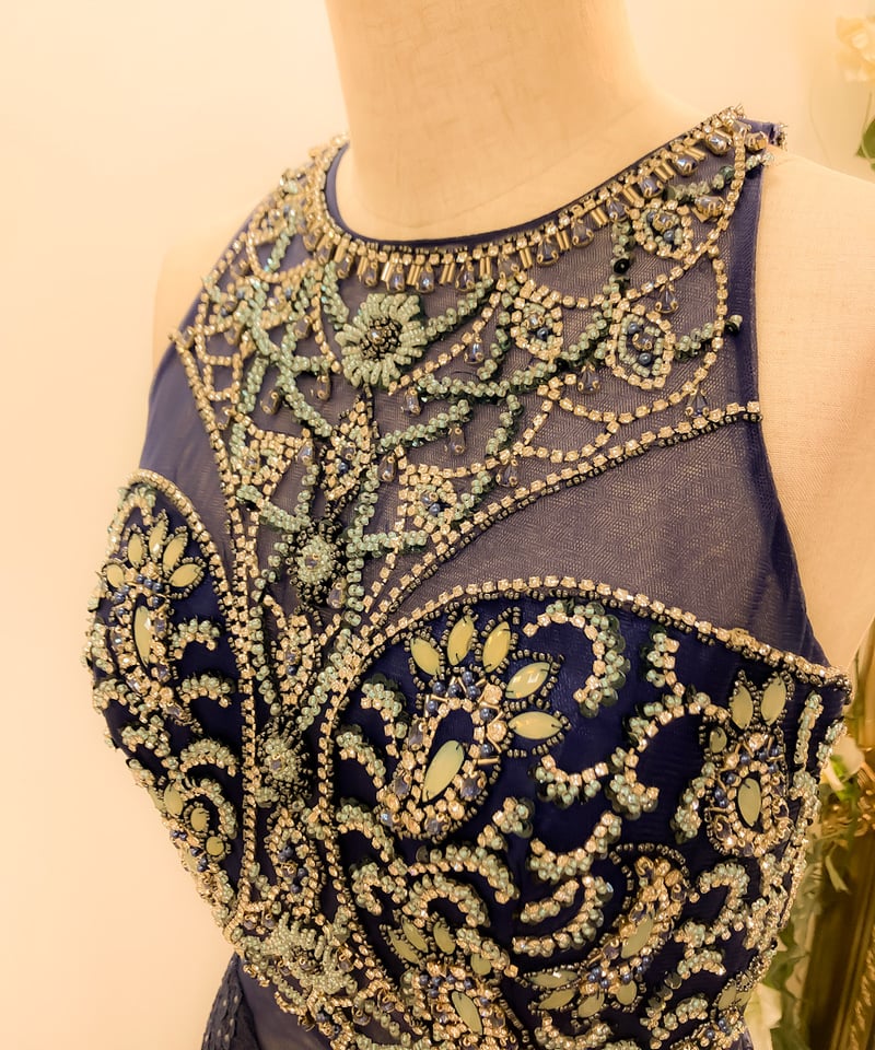 ビーディング スリーブレスマーメイドドレス ネイビー | Sharon Style