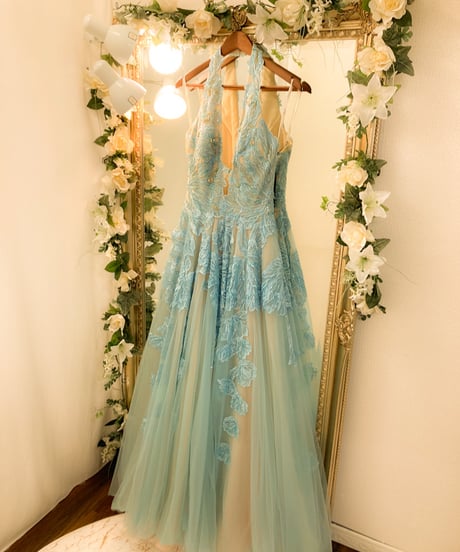 TERANI COUTURE　ホルターネック ボーツガウンドレス　ダスティブルー　Sサイズ