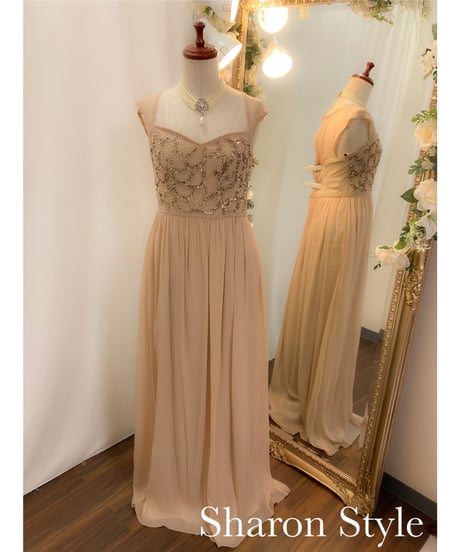 ADRIANNA PAPELL ペンタゴンネック シースルースリーブドレス　ベージュ