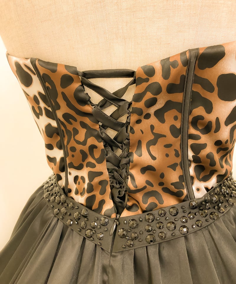 BCBGMAXAZRIA ストラップレス ジョーゼット コルセットガウン コルセットデザイン レオパード ボールガウンドレス ブラック