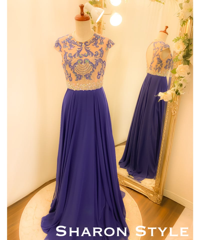 バロック風刺繍フレンチスリーブドレス ロイヤルブルー S-Mサイズ