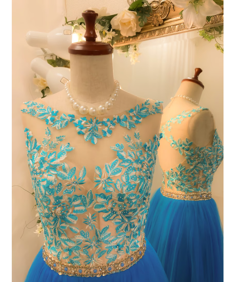 エンブロイダリービーディング ボールガウンドレス ヌード×アズール