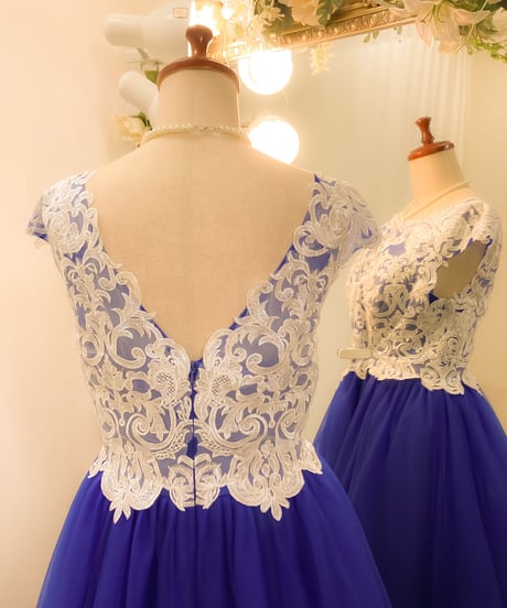 レースボートネックチュールドレス　ロイヤルブルー