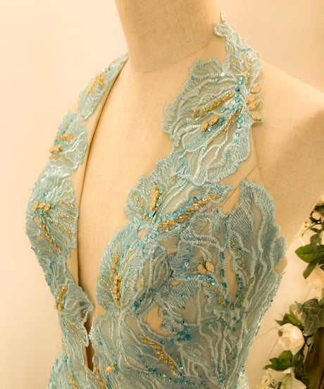 TERANI COUTURE　ホルターネック ボーツガウンドレス　ダスティブルー　Sサイズ