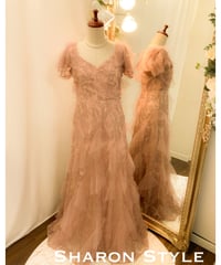 Badgley Mischka ハーフスリーブ チュールティアードドレス　ローズピンク