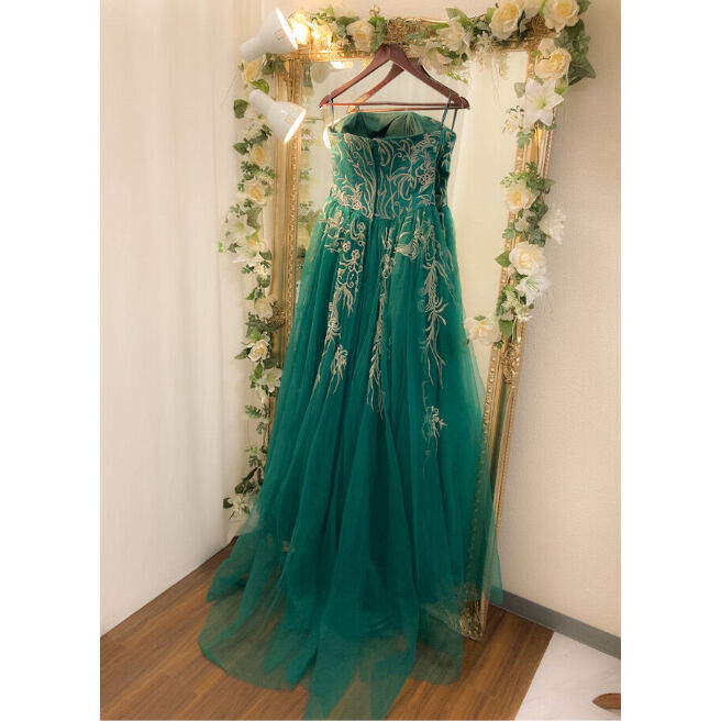 期間限定*花柄刺繍 ボリュームロングドレス エメラルドグリーン