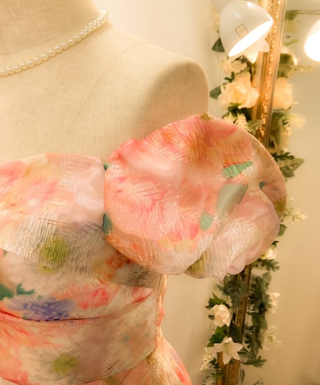 2wayスリーブ クラシカル Aラインドレス　ピンクフラワー