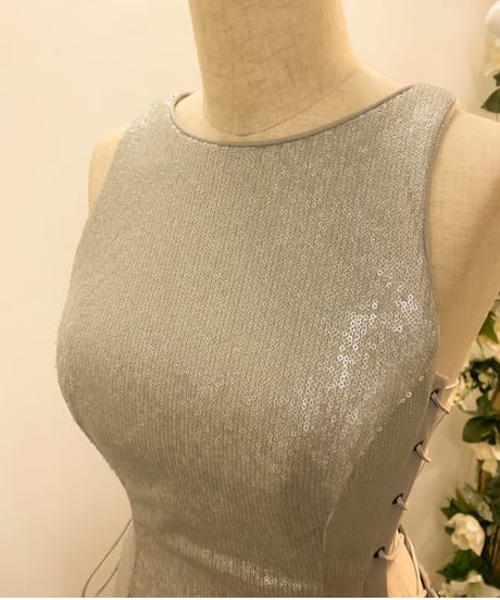 サイドレースアップ スパンコールドレス　シルバーグレー　S-Mサイズ